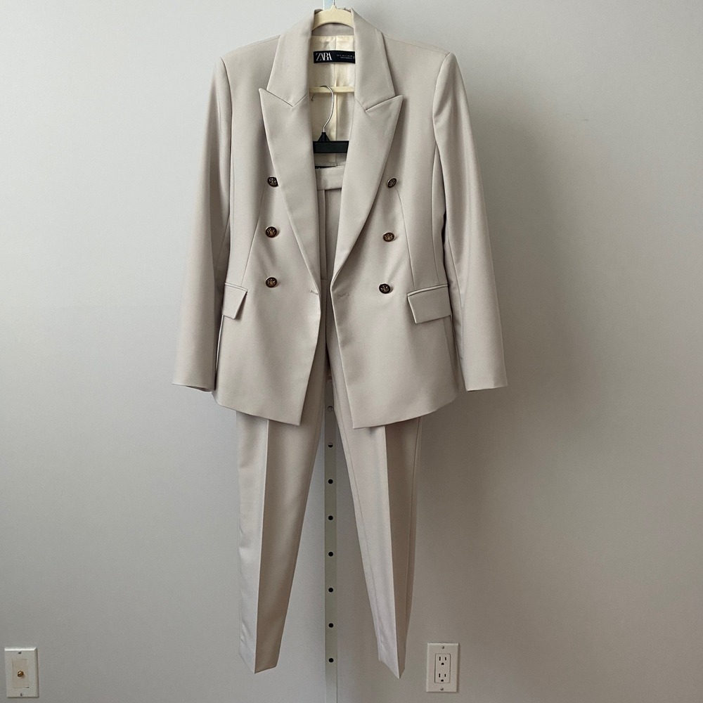 ZARA Office Siren Academia Clean Blazer Trousers Pant Suit S Beige